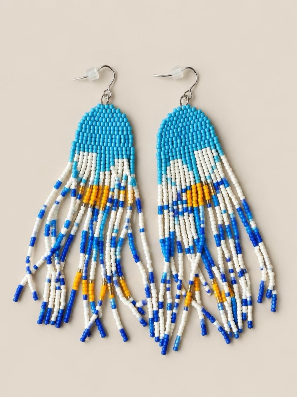 Blue White Gold Seed Bead Fringe Statement Earrings Boho